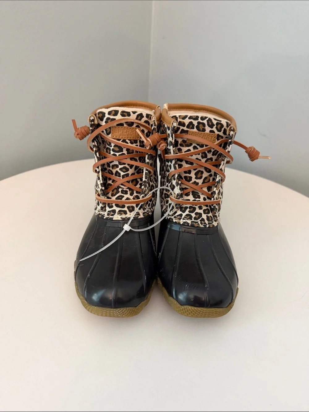 Sperry Kids Leopard Print Duck Boots - Black & Tan size 1M